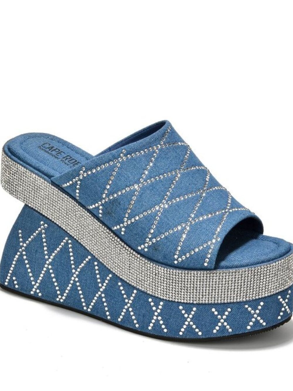 Cape Robbin "Odona" Denim Rhinestone Wedge Slides